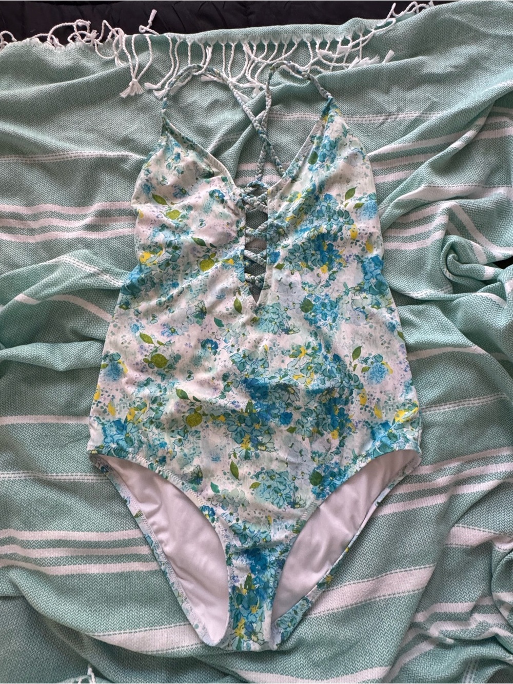 Victoria's Secret Floral Lace-Up One-Piece Swimsuit - Blue/Green